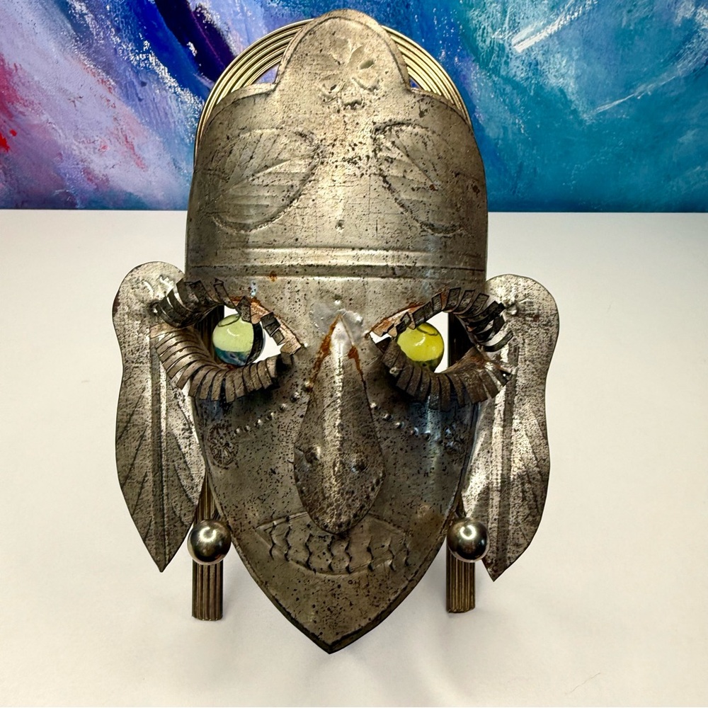 Mexican Tin Folk Art Face Mask Green Glass Eyes Wall Hanging Vintage Cultural
